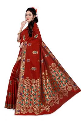 Kimisha Red Semi Banarasi Silk Woven Work Banarasi Saree With Running Blouse 5