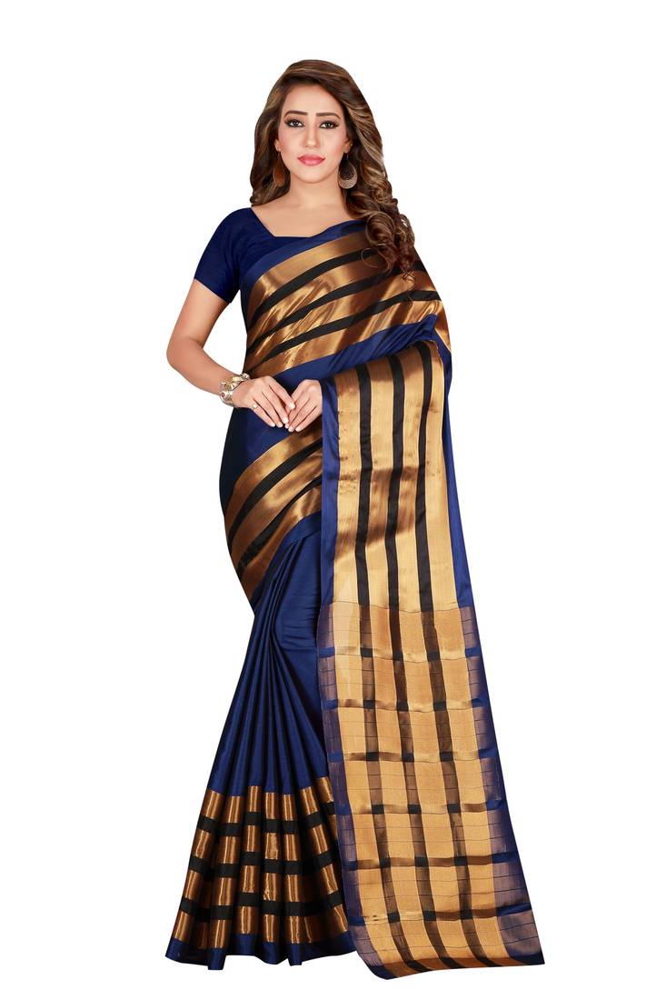 Kimisha Nblue Cotton Stripes Border Work Plain Saree With Running Blouse