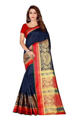 Kimisha Nblue Poly Silk Border Work Plain Saree With Contrast Color Blouse 1