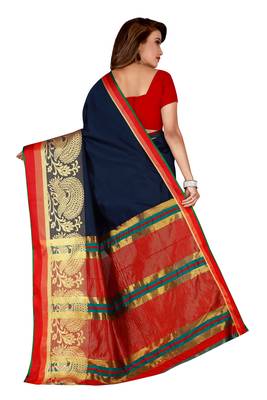 Kimisha Nblue Poly Silk Border Work Plain Saree With Contrast Color Blouse 2