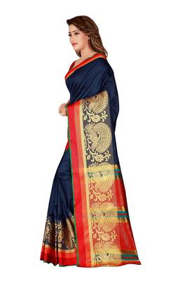 Kimisha Nblue Poly Silk Border Work Plain Saree With Contrast Color Blouse 5