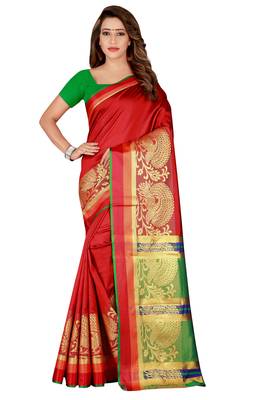 Kimisha Red Poly Silk Border Work Plain Saree With Contrast Color Blouse 1