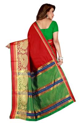 Kimisha Red Poly Silk Border Work Plain Saree With Contrast Color Blouse 2