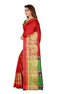 Kimisha Red Poly Silk Border Work Plain Saree With Contrast Color Blouse 5