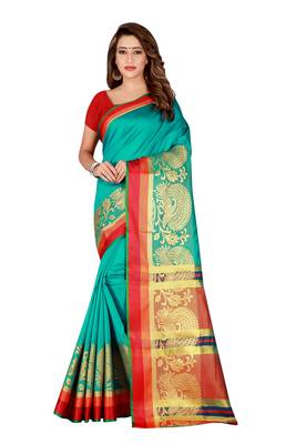 Kimisha Turquoise Poly Silk Border Work Plain Saree With Contrast Color Blouse 1
