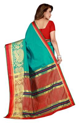 Kimisha Turquoise Poly Silk Border Work Plain Saree With Contrast Color Blouse 2