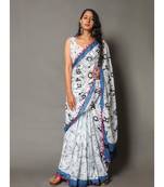Blue White Alphabet Print Mul Cotton and Handblock Print Saree paired with Blouse Piece