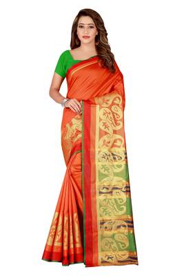 Kimisha Orange Poly Silk  Border Work Plain Saree With Contrast Color Blouse 1
