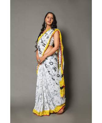 Yellow White Alphabet Print Mul Cotton and Handblock Print Saree paired with Blouse Piece 1