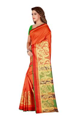 Kimisha Orange Poly Silk  Border Work Plain Saree With Contrast Color Blouse 5