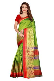 Kimisha Lgreen Poly Silk  Border Work Plain Saree With Contrast Color Blouse