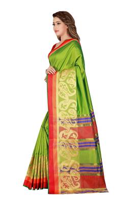 Kimisha Lgreen Poly silk blend Border Work Plain Saree With Contrast Color Blouse 5