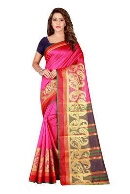Kimisha Pink Poly Silk  Border Work Plain Saree With Contrast Color Blouse 1
