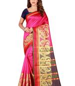 Kimisha Pink Poly Silk  Border Work Plain Saree With Contrast Color Blouse