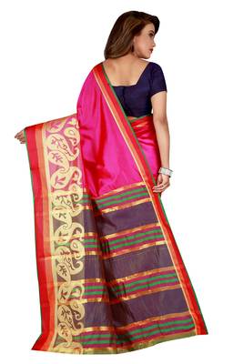 Kimisha Pink Poly Silk  Border Work Plain Saree With Contrast Color Blouse 2