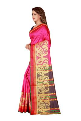 Kimisha Pink Poly Silk  Border Work Plain Saree With Contrast Color Blouse 5