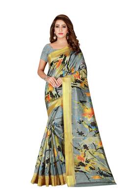 Kimisha Grey Kota Silk Zari Border Work Printed Saree With Running Blouse 1