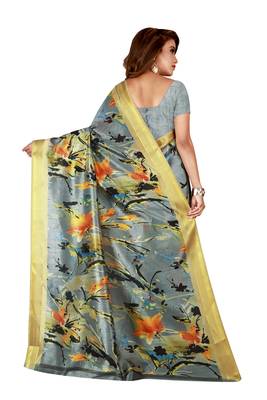 Kimisha Grey Kota Silk Zari Border Work Printed Saree With Running Blouse 2