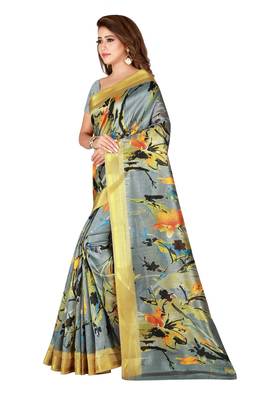 Kimisha Grey Kota Silk Zari Border Work Printed Saree With Running Blouse 4