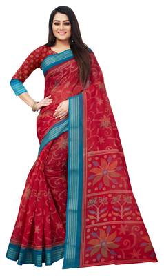 Red printed cotton saree with blouse 1