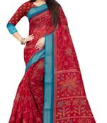 Red printed cotton saree with blouse