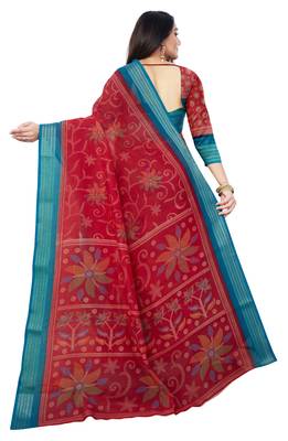 Red printed cotton saree with blouse 2