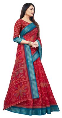 Red printed cotton saree with blouse 3