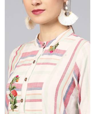 Women Multi Geometric Straight Yarn Dyed Cotton Kurta 5