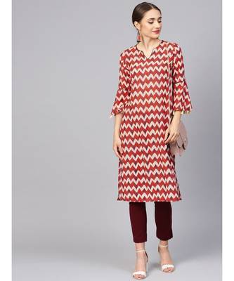 Women Red Geometric Straight Muslin Silk Kurta 1
