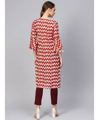Women Red Geometric Straight Muslin Silk Kurta 2