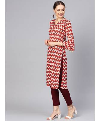 Women Red Geometric Straight Muslin Silk Kurta 3