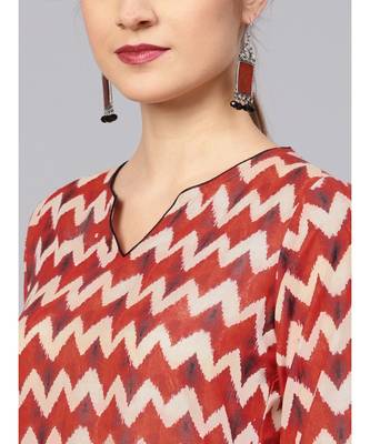 Women Red Geometric Straight Muslin Silk Kurta 4