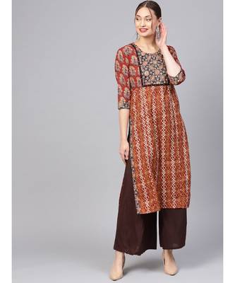 Women Maroon Ethnic Motifs Straight Cotton Kurta 1