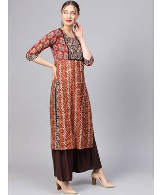 Women Maroon Ethnic Motifs Straight Cotton Kurta 2