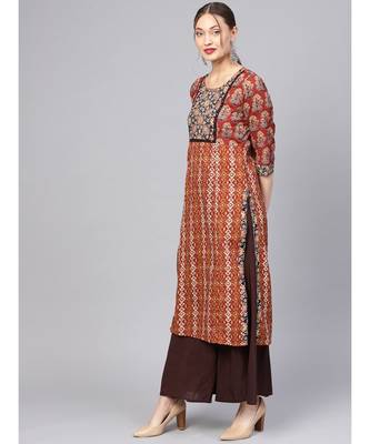 Women Maroon Ethnic Motifs Straight Cotton Kurta 4