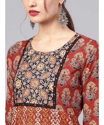 Women Maroon Ethnic Motifs Straight Cotton Kurta 5