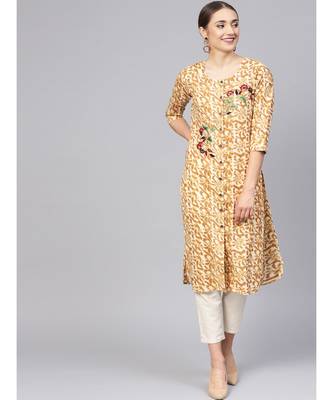 Women Brown Abstract Straight Cotton Kurta 1