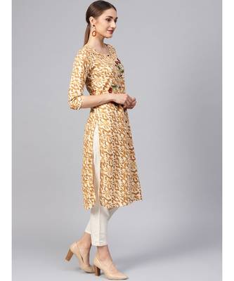 Women Brown Abstract Straight Cotton Kurta 2