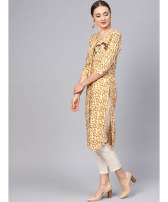 Women Brown Abstract Straight Cotton Kurta 4