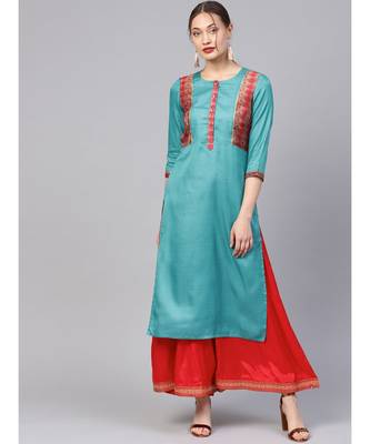 Women Teal Ethnic Motifs Straight Sateen Silk Kurta 1
