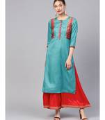 Women Teal Ethnic Motifs Straight Sateen Silk Kurta