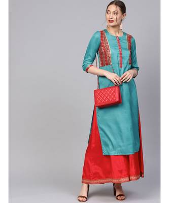 Women Teal Ethnic Motifs Straight Sateen Silk Kurta 2