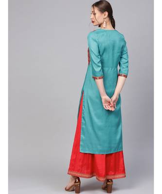 Women Teal Ethnic Motifs Straight Sateen Silk Kurta 3