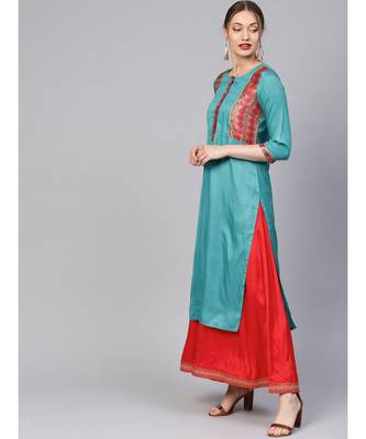 Women Teal Ethnic Motifs Straight Sateen Silk Kurta 4