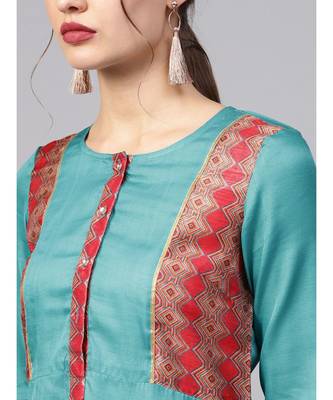 Women Teal Ethnic Motifs Straight Sateen Silk Kurta 5
