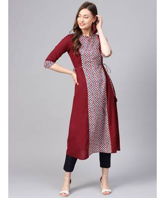 Women Maroon Geometric A_Line Cotton Kurta 1