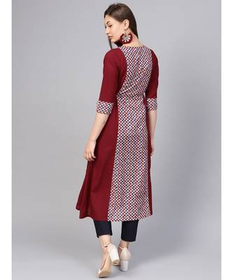 Women Maroon Geometric A_Line Cotton Kurta 2