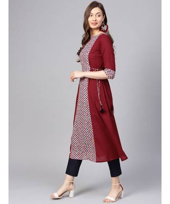 Women Maroon Geometric A_Line Cotton Kurta 3