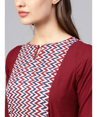 Women Maroon Geometric A_Line Cotton Kurta 4