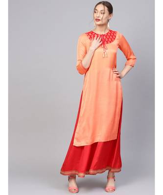 Women Orange Ethnic Motifs Straight Sateen Silk Kurta 1